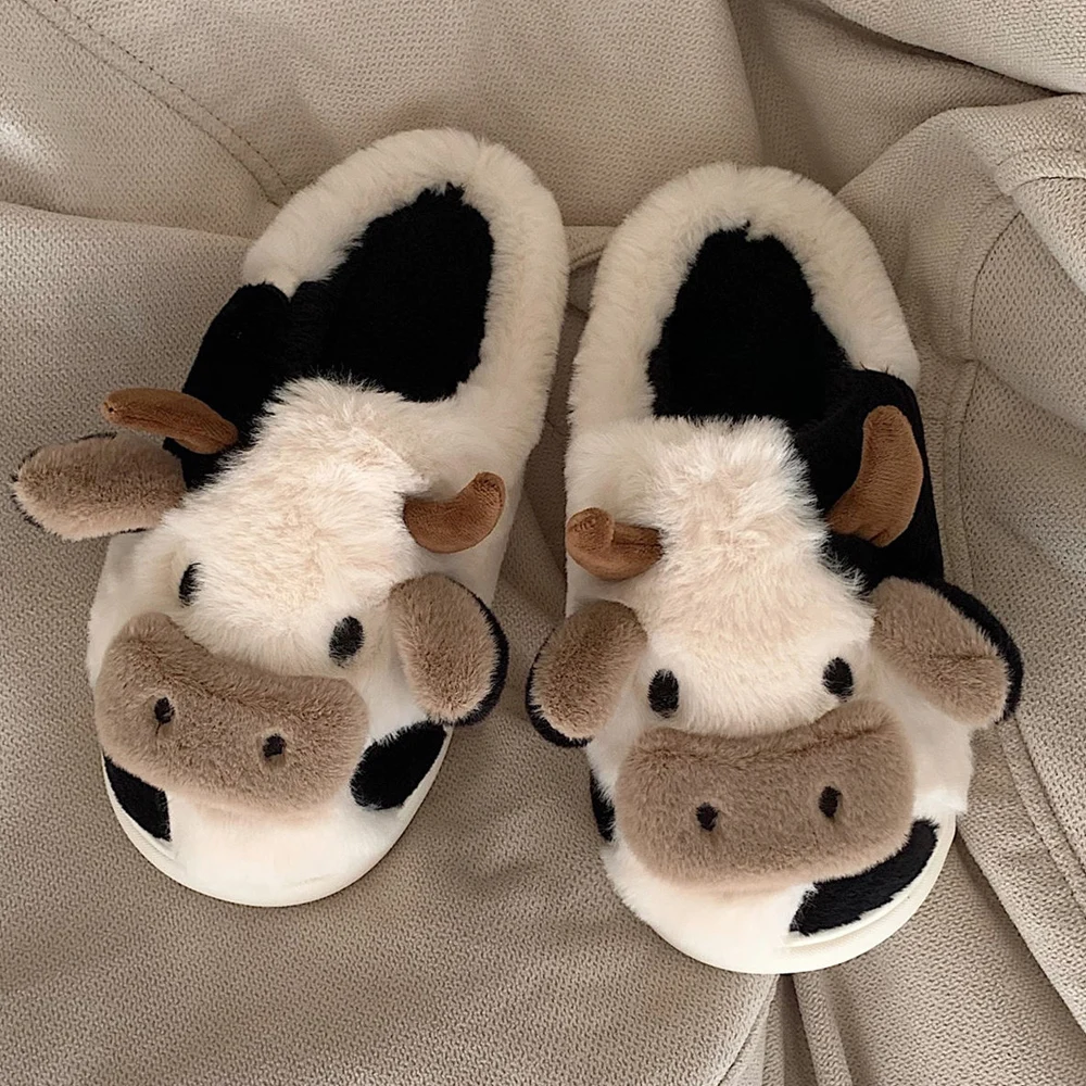 New Winter Unisex Cartoon Cow Warm Plush Slippers Couple’s Indoor Non-slip House Slides Men And Women Toe Wrap Home Cotton Shoes