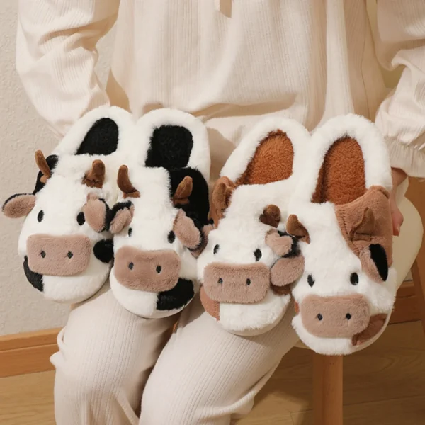 New Winter Unisex Cartoon Cow Warm Plush Slippers Couple's Indoor Non-slip House Slides Men And Women Toe Wrap Home Cotton Shoes - Image 6