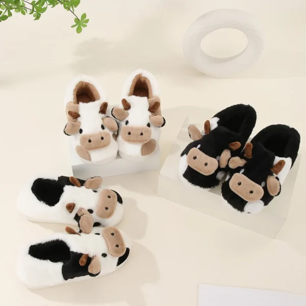New Winter Unisex Cartoon Cow Warm Plush Slippers Couple's Indoor Non-slip House Slides Men And Women Toe Wrap Home Cotton Shoes - Image 2