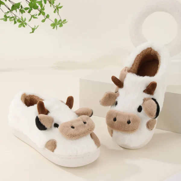 New Winter Unisex Cartoon Cow Warm Plush Slippers Couple's Indoor Non-slip House Slides Men And Women Toe Wrap Home Cotton Shoes - Image 3