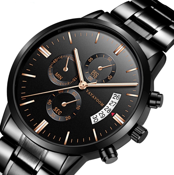 Men”s Stainless Steel Watches with Business Leisure Calendar Quartz Watches Waterproof Black Refined Steel Watches