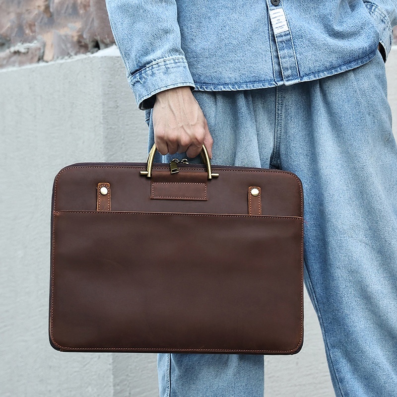 Crazy Horse Leather Men’s Business Handbag Genuine Leather Computer Bag