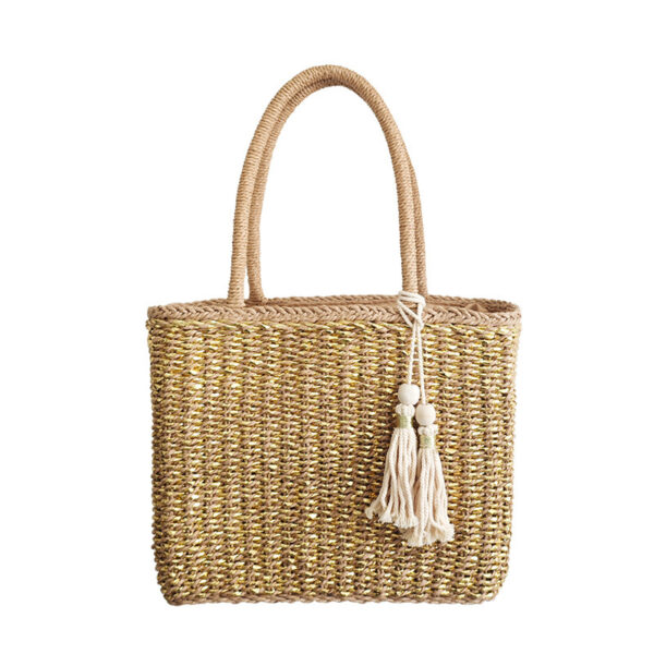 Handmade Rattan Handle Straw Bag Gold Fashion - Image 5