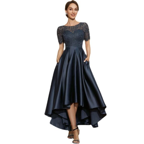 Navy Blue Satin Ball Lace Short Sleeve Dress - Image 5