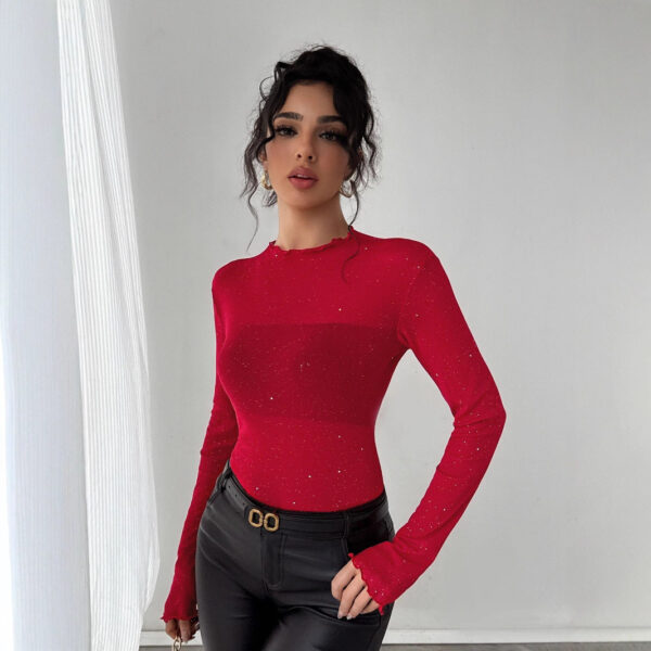 European And American Sequined Top Women's Slim-fit Long-sleeved Shiny Bling Commuter Top - Image 4