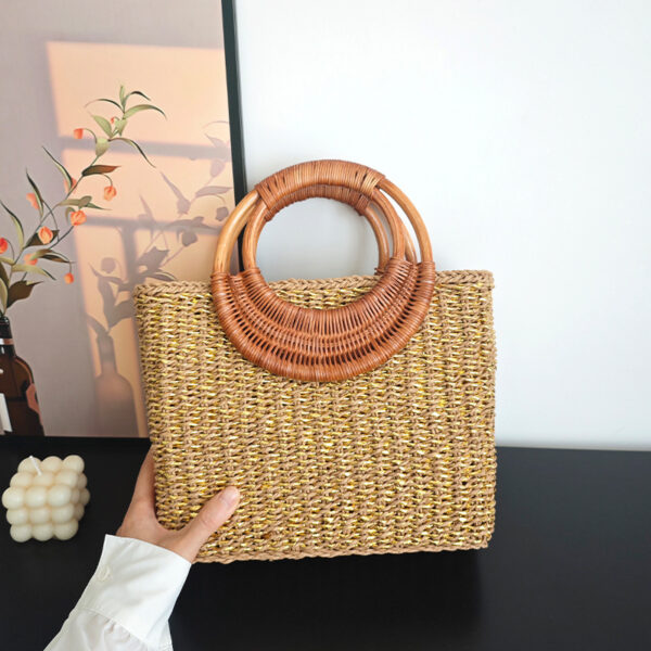 Handmade Rattan Handle Straw Bag Gold Fashion - Image 3