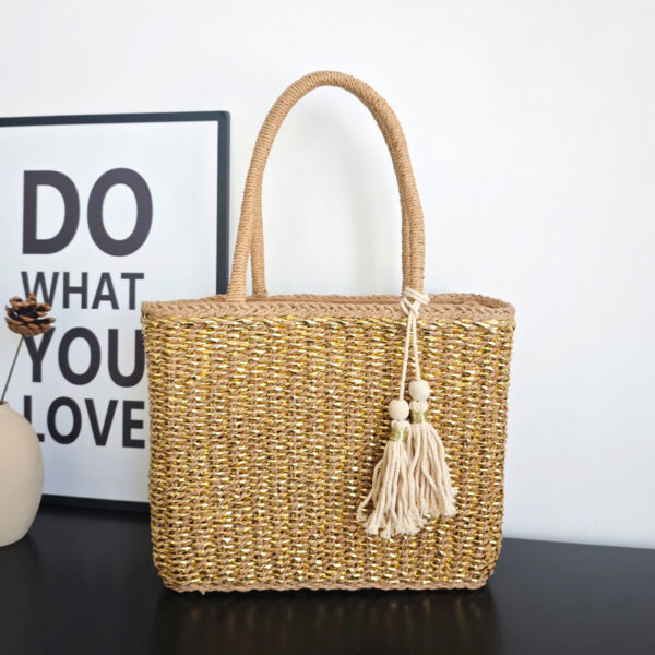 Handmade Rattan Handle Straw Bag Gold Fashion - Image 4