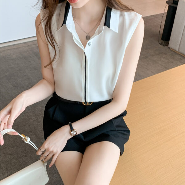 Contrast Color Waistcoat Shirt Women's Outer Wear Shirt Sleeveless Chiffon Comfort And Casual Top - Image 3