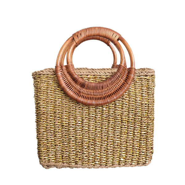 Handmade Rattan Handle Straw Bag Gold Fashion - Image 6