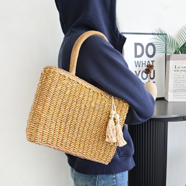 Handmade Rattan Handle Straw Bag Gold Fashion - Image 2