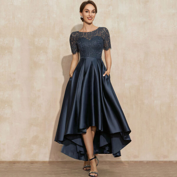 Navy Blue Satin Ball Lace Short Sleeve Dress - Image 3
