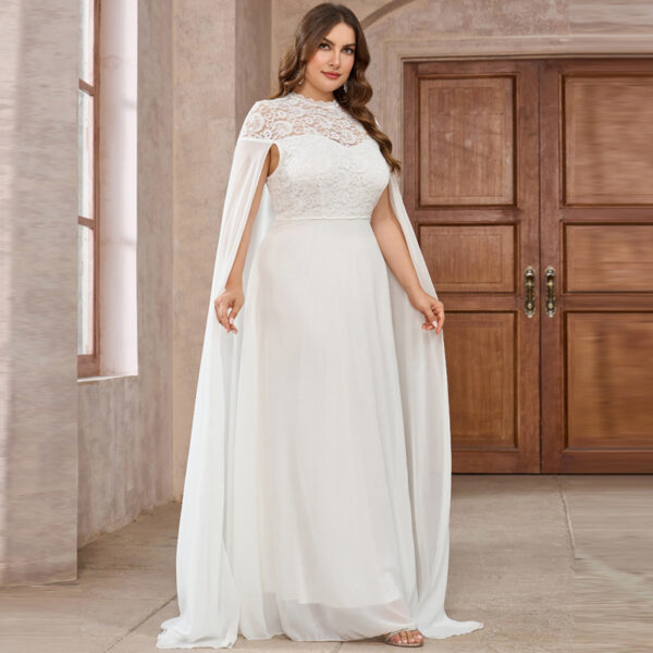 Women's Plus Size Solid Color Elegant Chiffon Round Neck Lace Stitching Cloak Evening Dress - Image 3