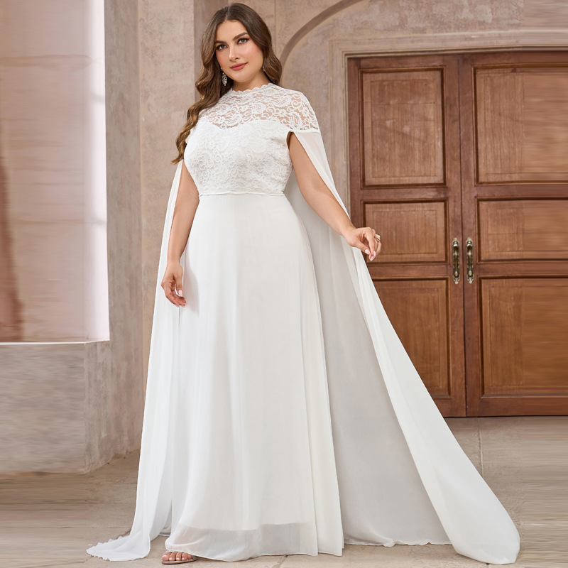 Women’s Plus Size Solid Color Elegant Chiffon Round Neck Lace Stitching Cloak Evening Dress