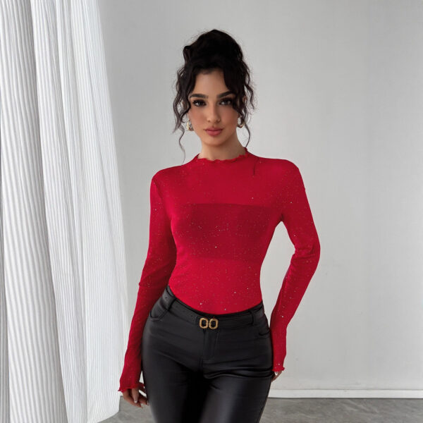 European And American Sequined Top Women's Slim-fit Long-sleeved Shiny Bling Commuter Top - Image 3
