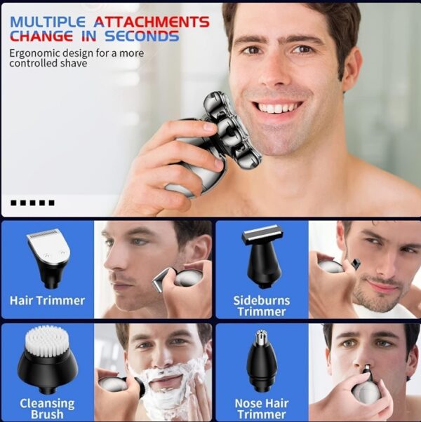 Detachable Head Shavers, LARGNER 5 In 1 Electric Razor IPX7 Waterproof For Bald Men, Wet Dry LED Display Rechargeable 7D Rotary Shaver Grooming Kit With Type C Charge A,Bright Silver - Image 4