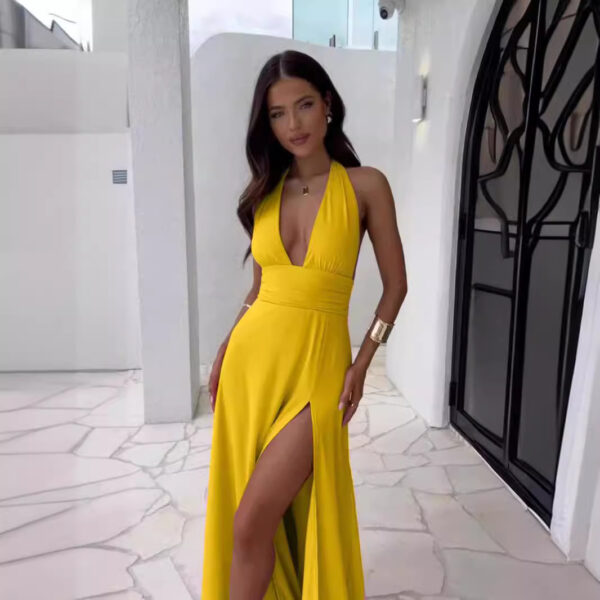 Spring New Women's Style Hanging Neck V-neck Slit Long Solid Color Dress - Image 5