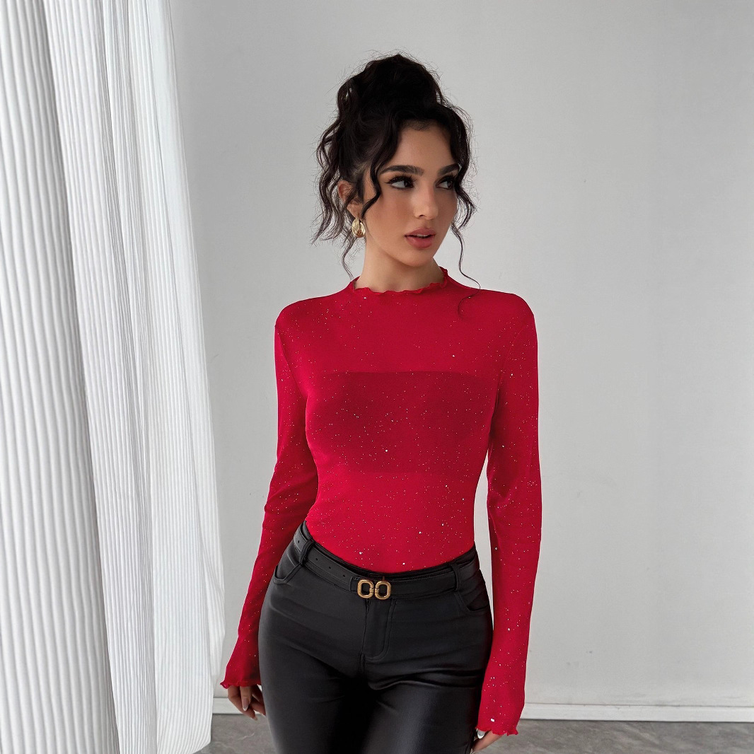 European And American Sequined Top Women’s Slim-fit Long-sleeved Shiny Bling Commuter Top