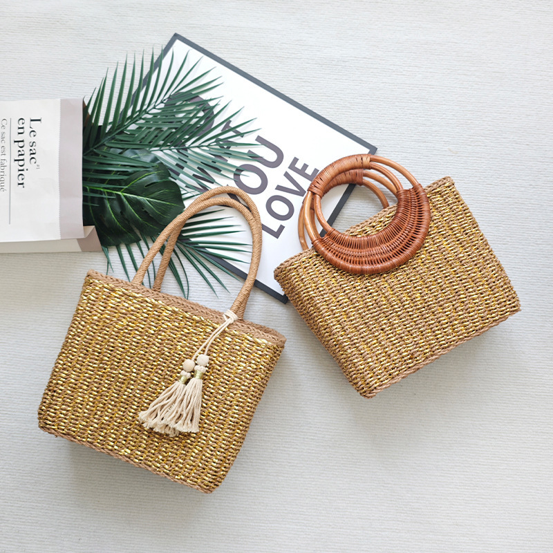 Handmade Rattan Handle Straw Bag Gold Fashion